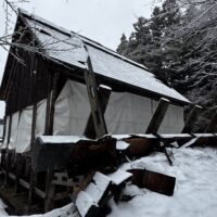大きく破損した御本殿と落下した棟木